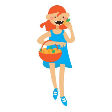 Elma, elma sepeti ile el yemek çok hoş bir genç kız ile düz illüstrasyon. Mavi elbiseli, ağzını aç. Arka plan üzerinde izole