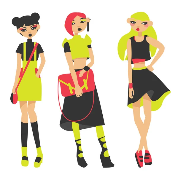 Vector set with lovely fashion neon girls drawn in flat style. Young characters with various bags and skirts, posing. — Stock Vector