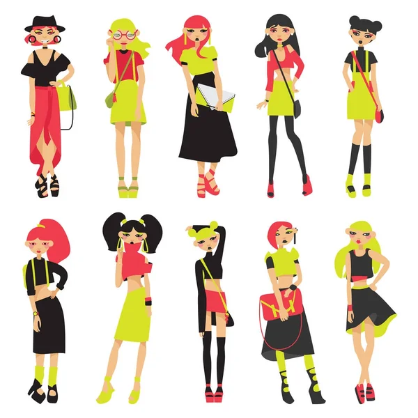 Large set with vector flat fashion girls, isolated on white. Cute characters drawn in bright colors in various poses, with crop-tops, skirts and casual hairstyle — Stock Vector