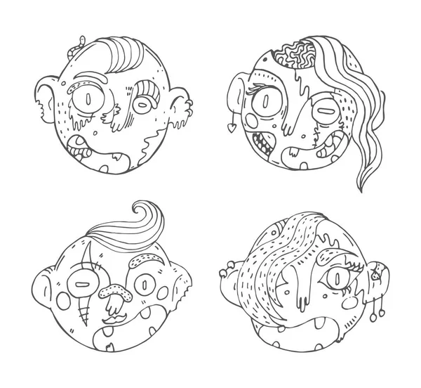 Vektorové Sada Ručně Kreslenou Doodle Zombie Hlavy Rukopisný Obrázek Krásnou — Stockový vektor