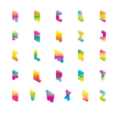 İzometrik alfabe degrade parlak renkler. Toplama iyi yazı ve İngilizce A'dan Z'ye yazmak için vektör.