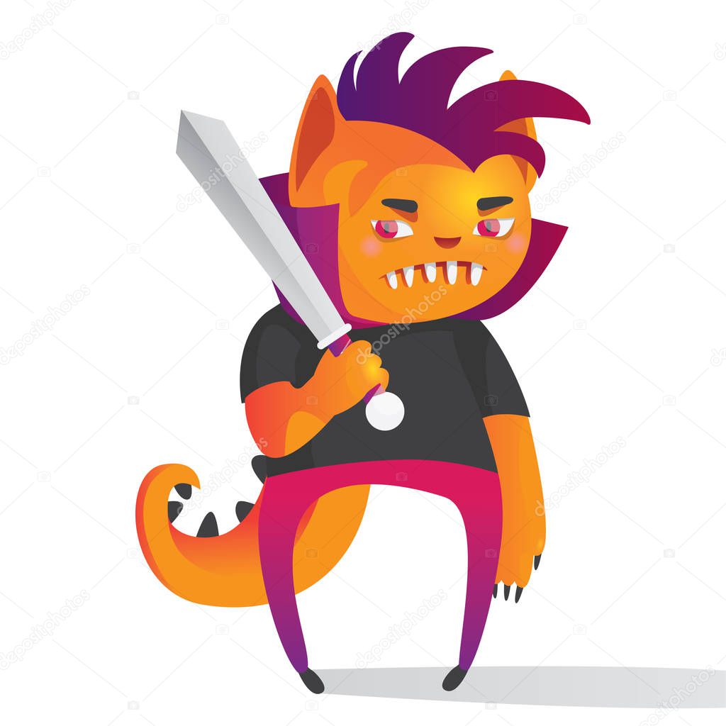 Vector illustration with lovely cute monster with large sward. Bright character design drawn in cartoon style
