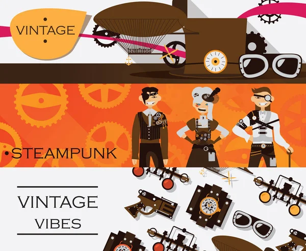 Ensemble vectoriel avec bannières horizontales dédiées aux antiquités vintage, rétro et steampunk. Lunettes et dirigeables, personnages adorables — Image vectorielle