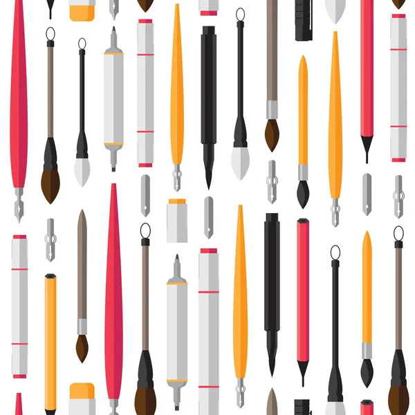 Nahtloses Muster mit kalligraphischen Pinseln, Federn, Bleistiften und Filzstiften auf weißem Hintergrund. — Stockvektor