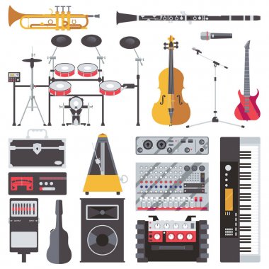 Vektör üzerinde beyaz izole müzik canlı aletleri ile ayarla. Çello, gitar, amplifikatör, mixpad, mikrofon, aksesuarlar, canlı müzik ve ses teknisyeni