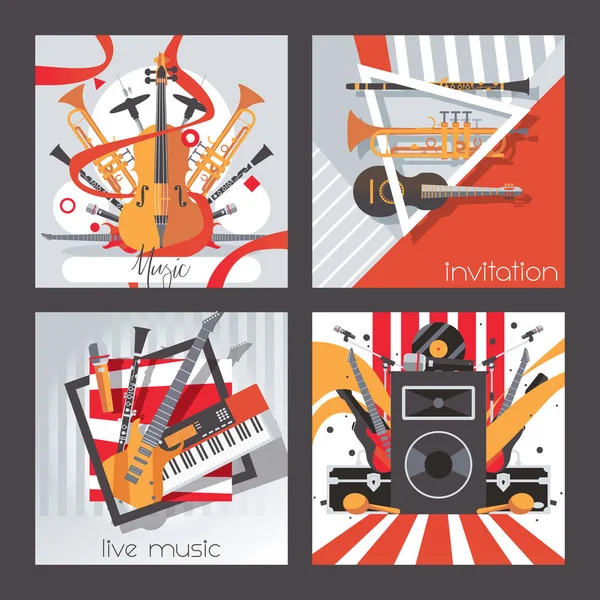 Cartes carrées dédiées à la musique live, aux instruments et au son. Collection vectorielle bonne pour la conception d'invitation, concerts, jouer . — Image vectorielle