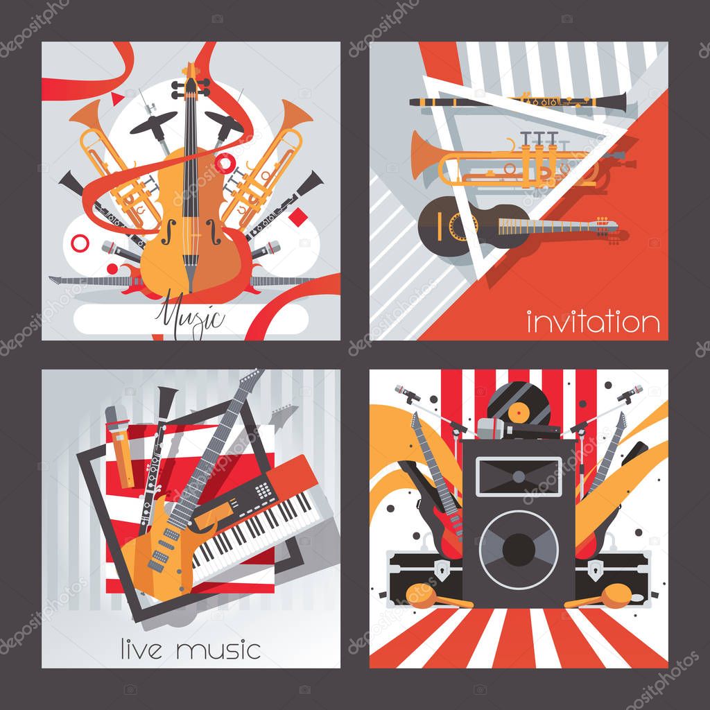 Square cards dedicated to live music, instruments and sound. Vector collection good for invitation design, concerts, playing.