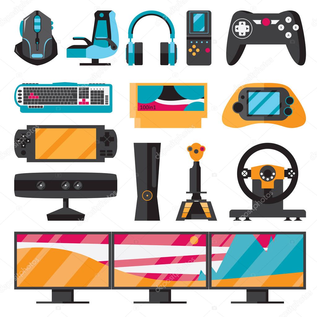 Set with isolated on white background game controllers and accessories for professional playing video games. Vector collection.