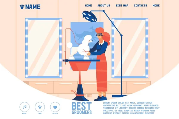 ペット、犬、猫グルーミングサービスのウェブサイトのための準備バナーやランディングページテンプレート。若いです女性で保護メガネshear犬上のテーブルの上にピンクの背景サロンインテリア — ストックベクタ
