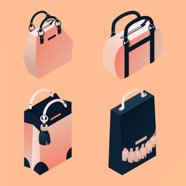 Isometric handbags collection in nude beige and dark blue colors. Vector set isolated on peach background. Modern bags good for women boutique or fashion store