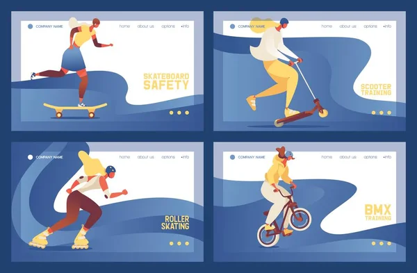 Vector banners collection about street sport activities like skateboard, scooter, roller skate and bmx bike. Blue wave decoration for landing page template. Characters drawn in modern flat style