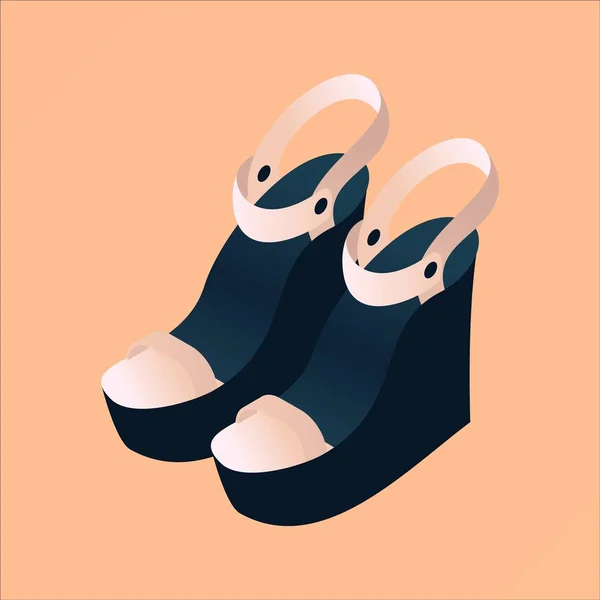 Sandalias de plataforma elegante de moda moderna en estilo isométrico, dibujadas con gradientes beige desnudo y azul oscuro sobre fondo melocotón. Zapatos aislados de verano para mujer buenos para boutique y promoción de venta — Vector de stock