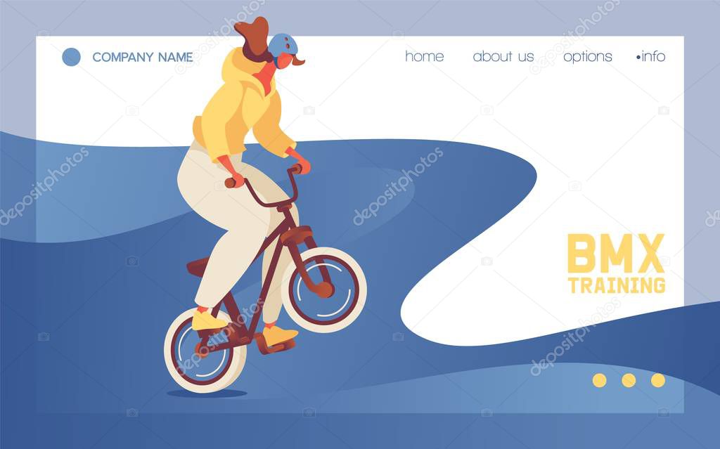 Landing page template or banner for web site with young girl in helmet riding bmx sport bike. Concept scene good for dirt and motocross games. Character doing jump trick.