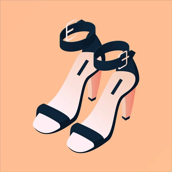Summer sandals with high heels drawn in isometric top view with black and nude beige colors on peach background. Pair of elegant shoes good for women boutique shop — Stock Vector