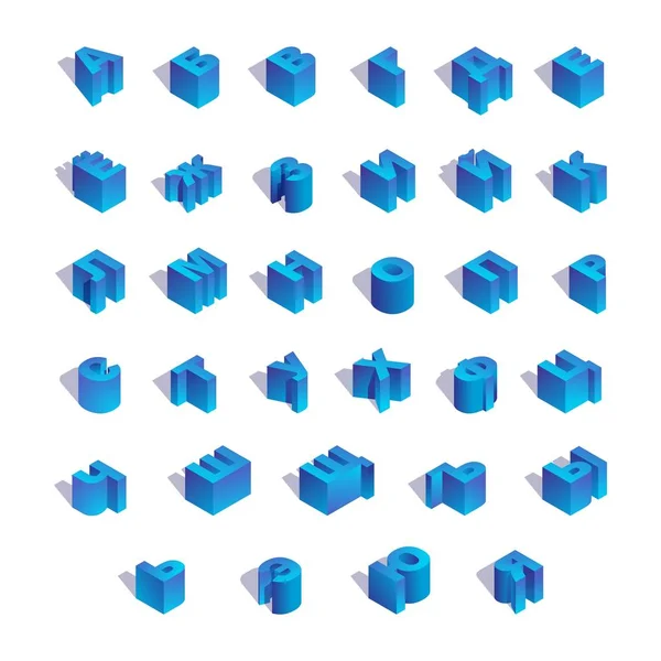 Alfabeto isométrico ruso en color azul. Vista superior 3d letras cirílicas mayúsculas con sombras — Vector de stock