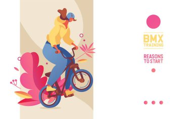 Vektör spor afişi veya iniş sayfası şablonu Bmx binicilik okulu veya modern gençlik yaşam tarzı için eğitim parkı ve bisiklet süren insanlar için iyidir