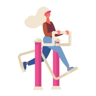 Spor salonunda egzersiz yapan bir kadın. Düz sağlıklı yaşam tarzı karakteri beyaz arka planda izole edilmiş