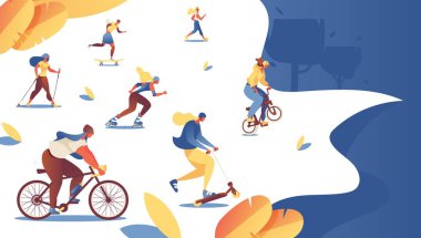 Yaz parkı iniş sayfası şablonunda spor yapan kadınlar. Bmx bisiklet, bisiklet, patenciler ve patenler parlak renkli karakterlere biniyorlar.