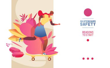 Kask kaykaylı genç bir kızın olduğu spor taşıyıcı pankartı. Kaykay okulu için parlak konsept iniş sayfası şablonu, parlak yapraklarla süslenmiş, canlı renklerle çizilmiş