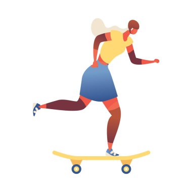 Kaykaylı genç bir kızın parlak renkler çizdiği vektör konsepti çizimi. Düz modern karakter sokak tarzı tasarımı için iyidir. Yazlık giysiler, baş, diz ve kol koruması.