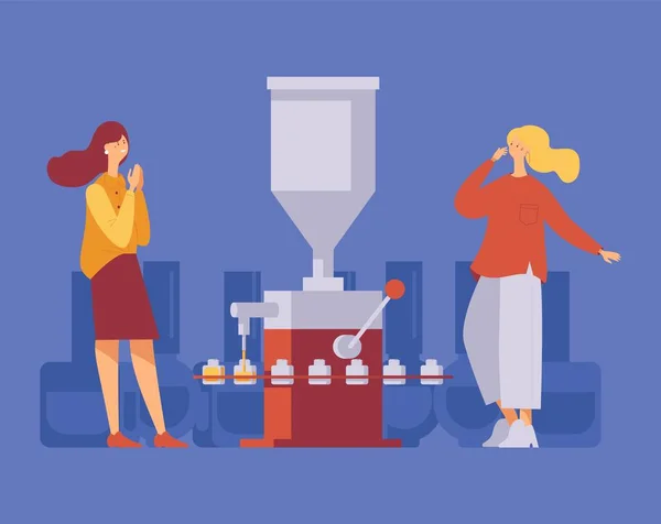 Two women happy near working nail polish filling machine. Concept illustration with modern characters in casual clothes. Isolated on blue background scene good for beauty manufacture — 스톡 벡터