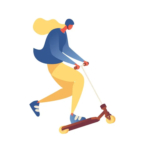Beyaz arka planda izole edilmiş genç bir kadın scooter 'a biniyor. Dinamik duruşu olan modern düz karakter. — Stok Vektör