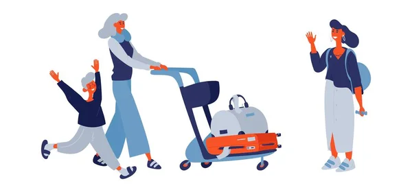 Vector concept scene with friends or lesbian family meeting together after journey or flight. Isolated on white background hand drawn characters wit young happy boy kid, trolley with travel bags. — 스톡 벡터