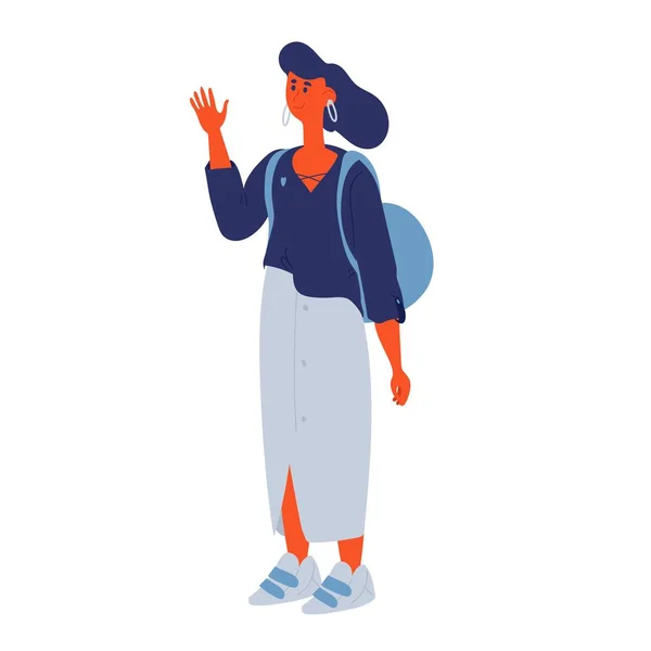 Ručně kreslené mladá žena charakter s batohem, usmívající se, kreslené s pulzující modrou a oranžovou barvou v ležérní oblečení, izolované na bílém pozadí. Obrázek vektorové koncepce. — Stockový vektor
