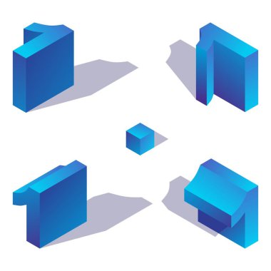 Çeşitli öngörülerde Isometric numara 1. Gölge ve mavi gradyanlarla dekore edilmiş, beyaz arka planda izole edilmiş bir rakam. 3d koleksiyonu