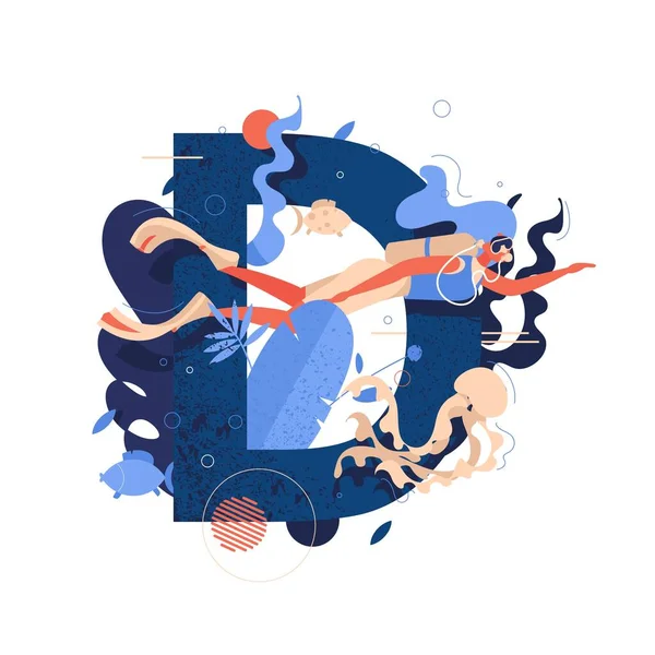 Ilustração vetorial com mergulhador e letra d isolados sobre fundo branco Caráter plano de mergulho com peixes, medusas e algas marinhas. Elemento alfabeto bom para atividades subaquáticas —  Vetores de Stock