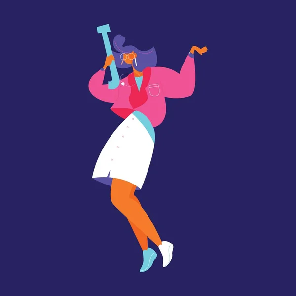 Dancing woman with capital english letter J in flat style. Un joyeux personnage isolé sur fond bleu — Image vectorielle