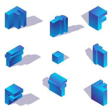 Büyük harf F İngilizce yazı tipi elementleri ve çeşitli öngörülerde küçük alfabede mavi renkli gölgeler..