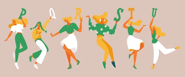 Filles Dansantes Avec Des Éléments Alphabet Dans Leurs Mains Lettres — Image vectorielle