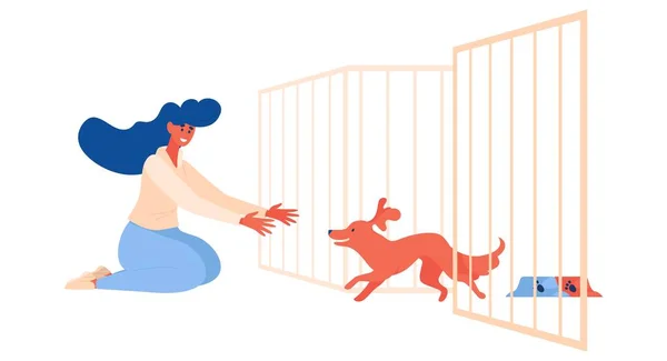Szene Tierheim Mit Hund Der Einem Mädchen Aus Dem Käfig — Stockvektor