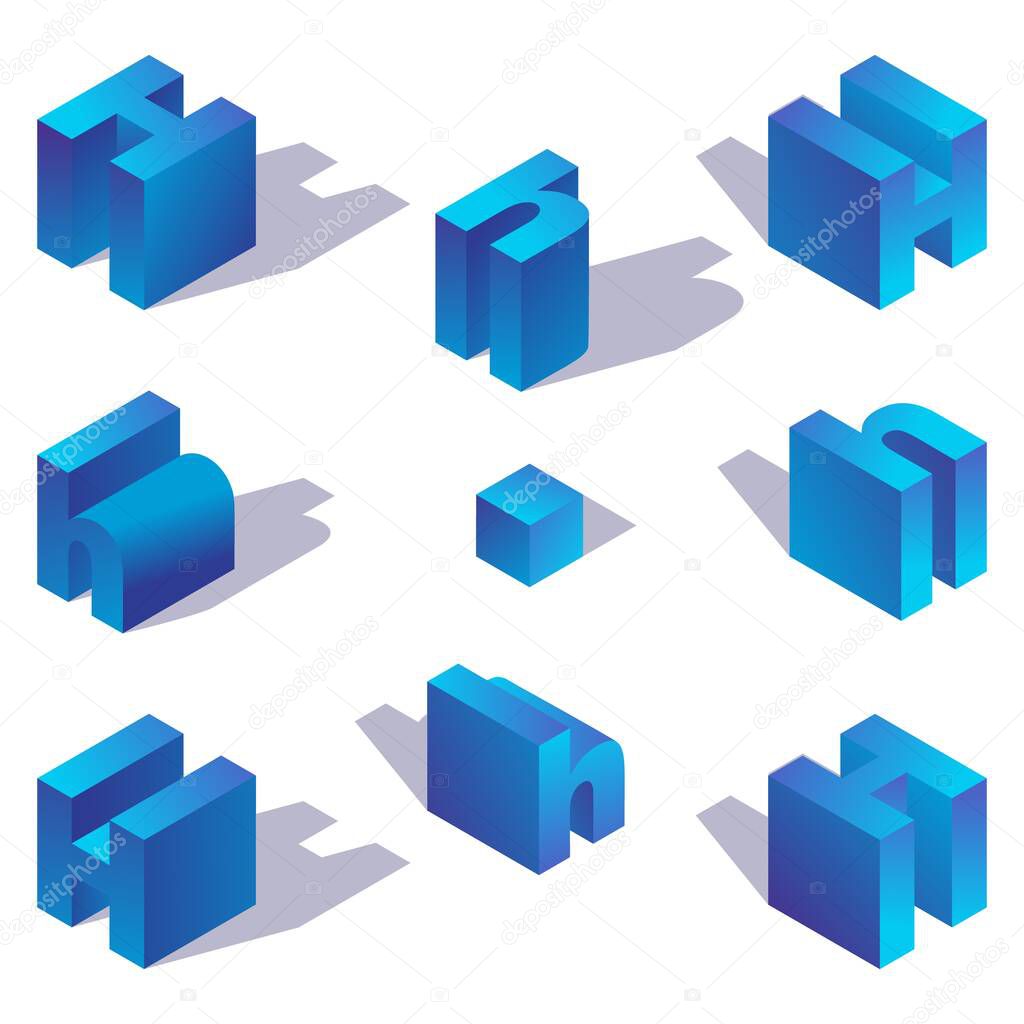 Volumetric 3d style isometric blue english letter h with shadow.