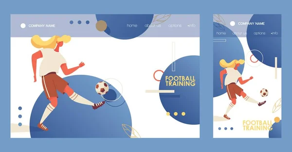 Tarayıcı masaüstü web sitesi ve futbolla ilgili cep telefonu spor uygulamaları ve topla genç kadın eğitimi için çapraz platform pankartları. Düz koleksiyon.