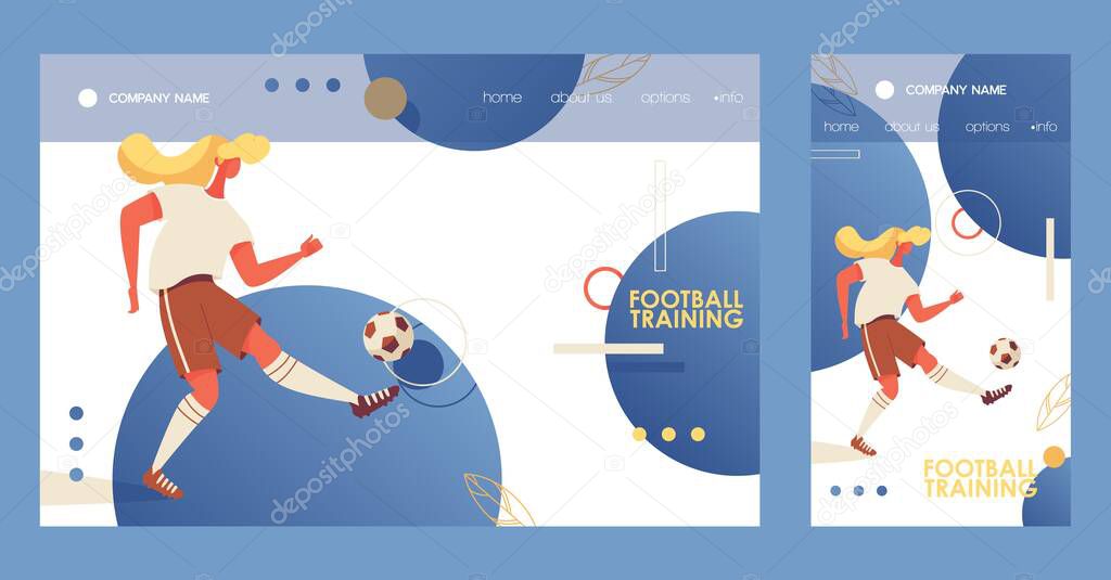 Cross platform banners for browser desktop web and mobile phone sport application about soccer football with young woman training with ball. Flat collection.