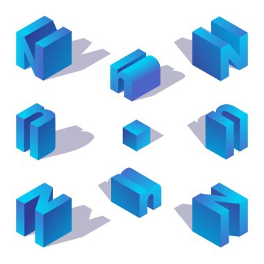 Gölgeli Isometric harf N. İngilizce büyük mavi karakter.