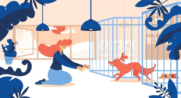 Concept scene with woman and her adopted dog running out of cage. Ginger hair, interior scene decorated with leaves. Flat happy characters.