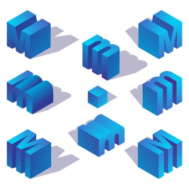 Gölgeli mavi ingilizce izometrik harf M.