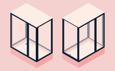 Duş kabini izometrik. Pastel arka planda pembe ve siyah renk. Vektör konsepti çizimi.