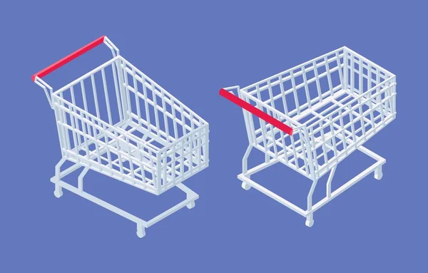 Isometric Metal Supermarket Trolley Cart Various Foreshortening — Stock Vector