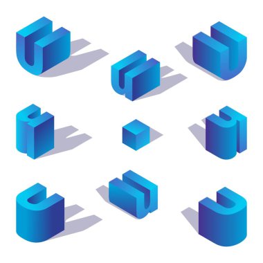 İngiliz alfabesi. Gölgesi mavi gradyanlı Isometric harf U.