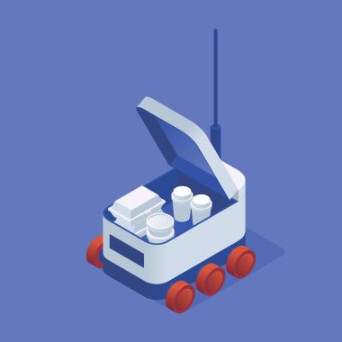 Üst kapağı açık yemek dağıtım robotu. Paket fast food ve kahveli Isometric konsept resimleme
