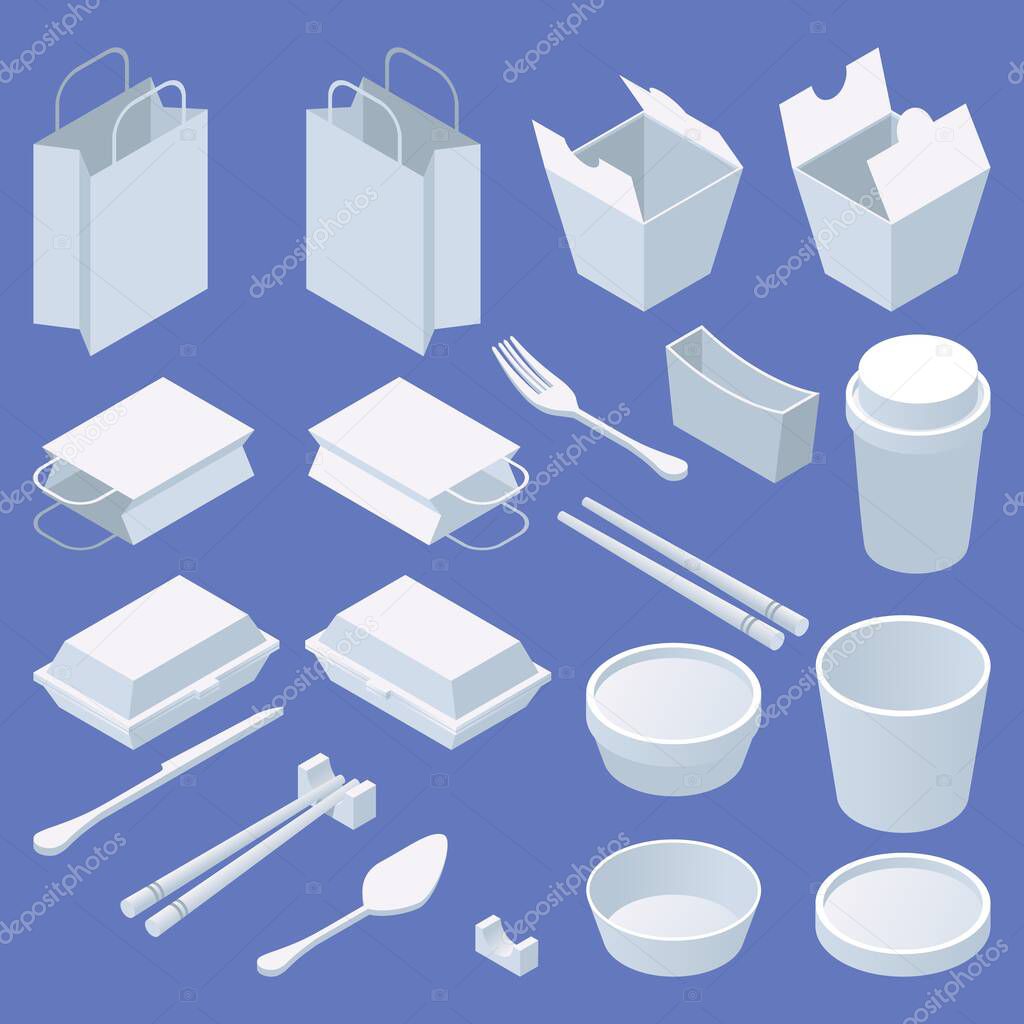 Set of isometric disposable tableware and food delivery boxes. White blank objects isolated on blue background.