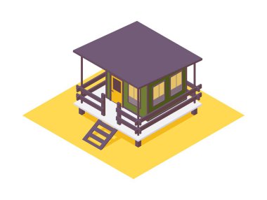 Otel bungalovu izometrik. 3 boyutlu ahşap teraslı yeşil ev..