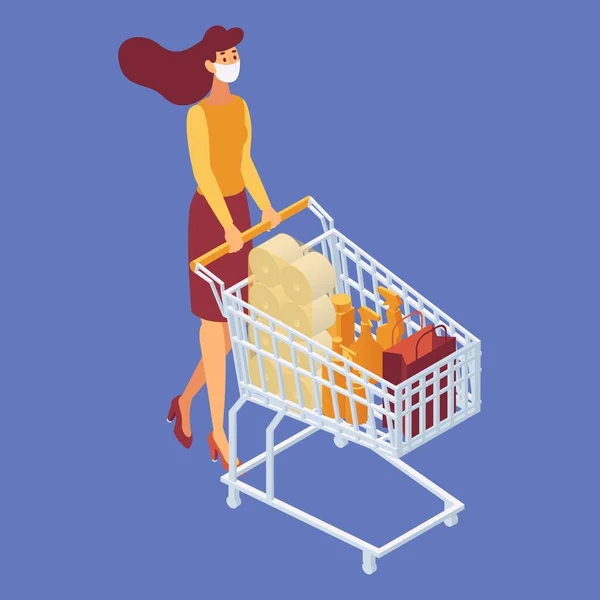 Isometric Girl Store Shopping Cart Buys Products Quarantine — Stock Vector