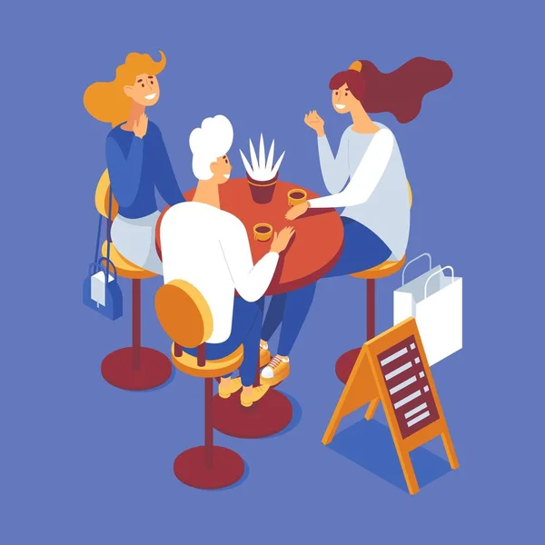 Grupo Personas Almorzando Tomando Café Escena Isométrica Con Hombre Mujeres — Archivo Imágenes Vectoriales