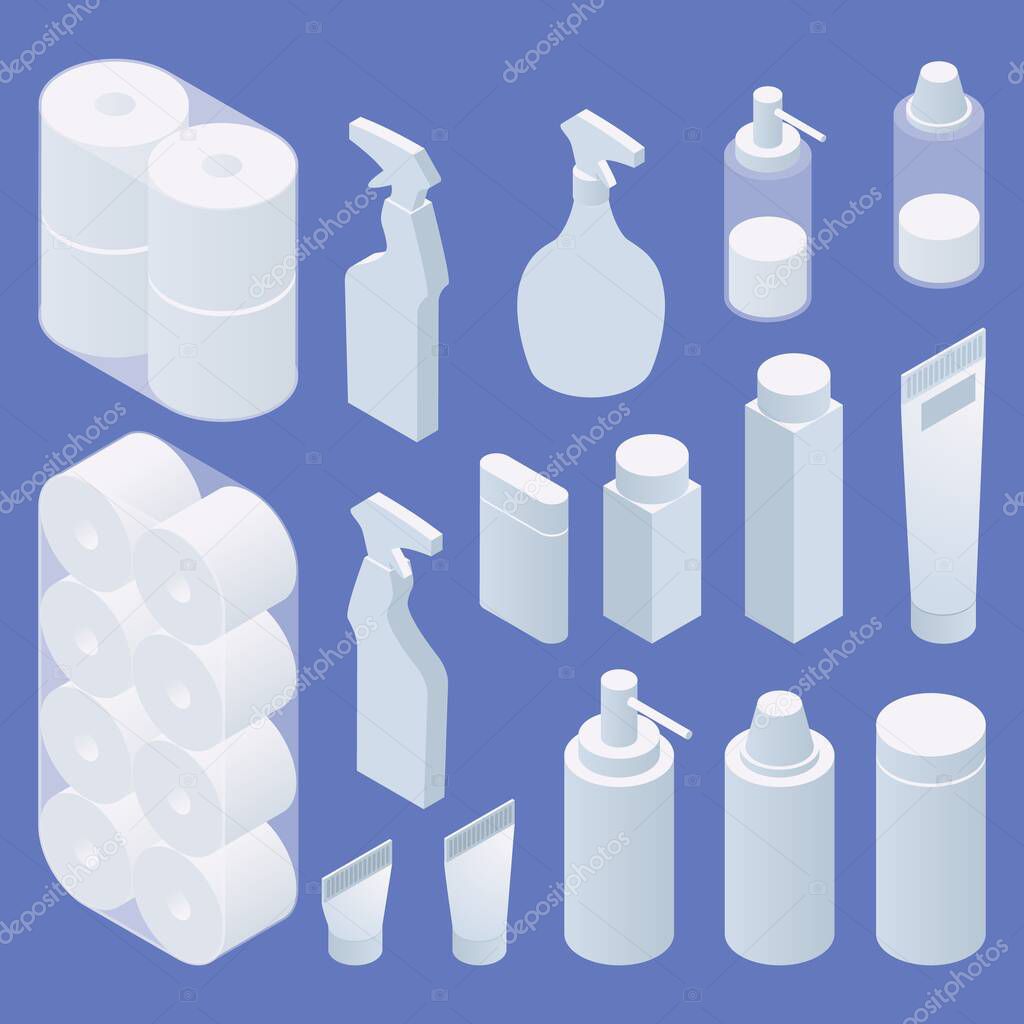 Isometric set of quarantine hygiene items and packages. Toilet paper roll and cleaning products in white color.