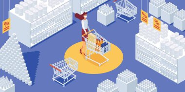Karantina kızı market arabasıyla alışveriş yapıyor. Güvenli kişisel mesafe, yüz maskesi ve eldivenler. Satın alınacak ögelerin çeşitliliği.